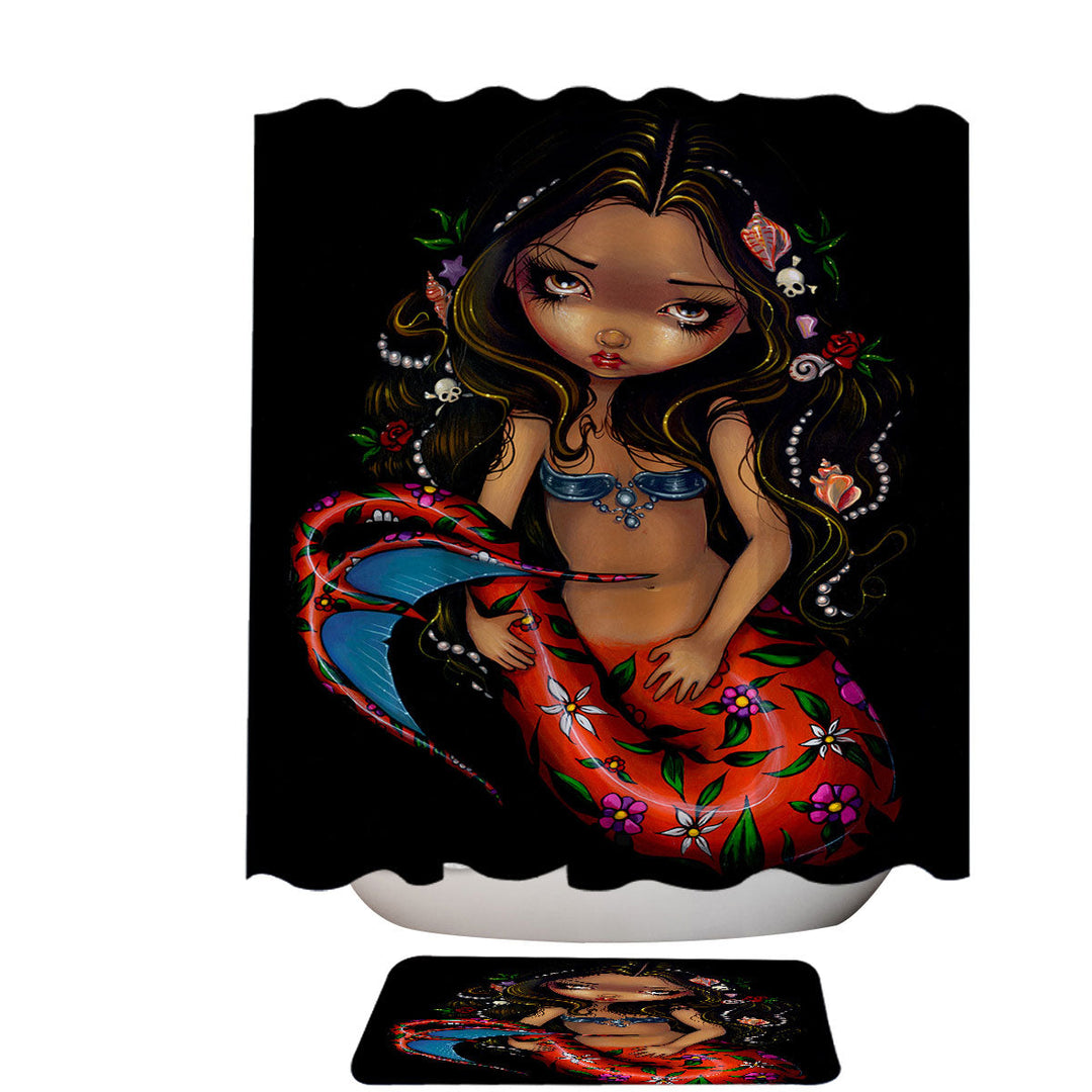 Mermaid Shower Curtain La Sirena the Big Eyed Mermaid with a Floral Tail