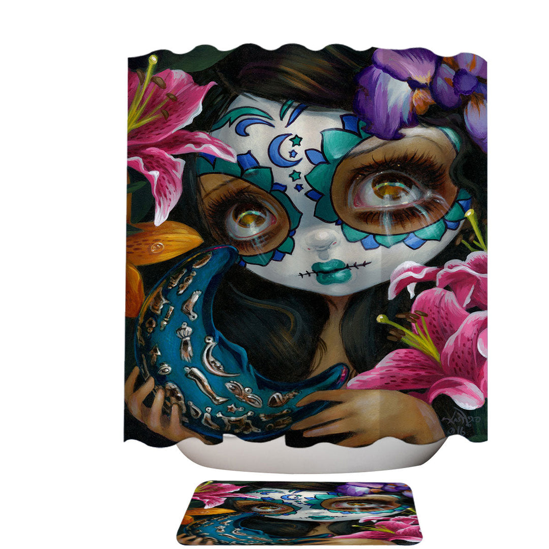 Milagros La Luna Day of the Dead Fabric Shower Curtains