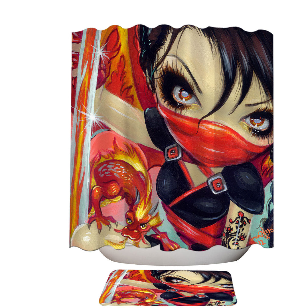 Ninja Shower Curtain Faces of Faery _185 Ninja Girl and Fire Dragon