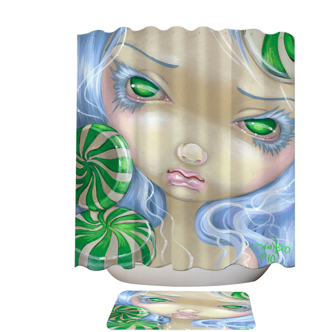 Peppermint Candy Shower Curtain Faces of Faery _85 Green Girl with Peppermint Candy