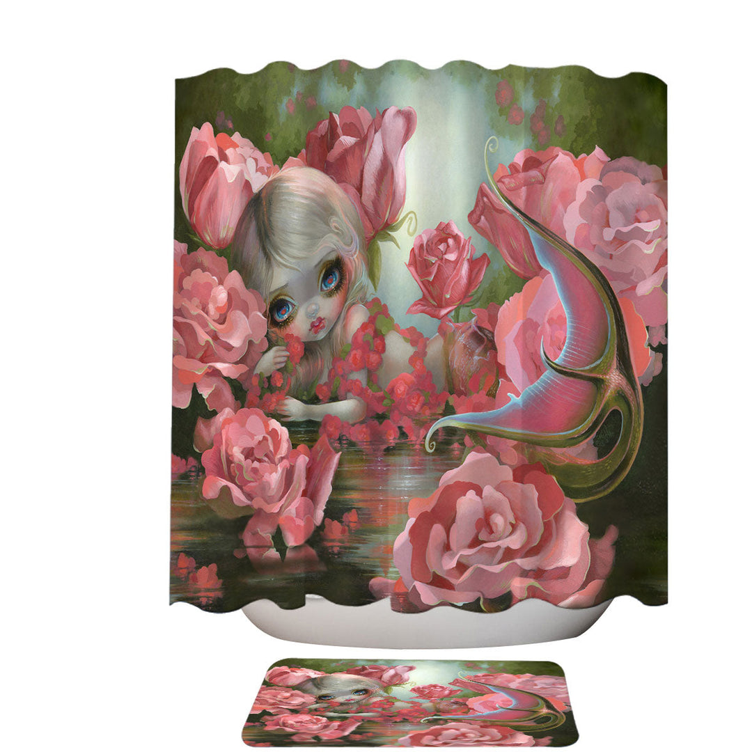 Pink Fantasy Art Mermaid with Roses Shower Curtain