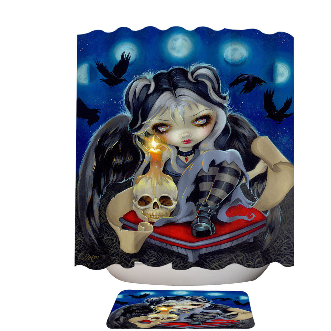 Poe Shower Curtains the Raven Skull Candle and Dark Winged Girl