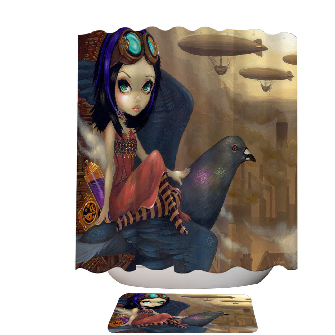 Poe a Beautiful Steampunk Flair Girl on a Pigeon Shower Curtain