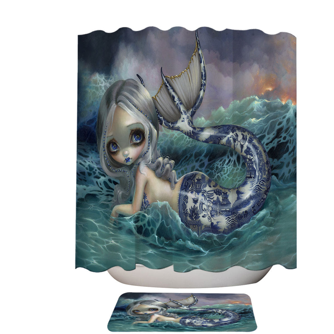 Porcelina the Blue Willow Porcelain Tailed Mermaid Fabric Shower Curtains