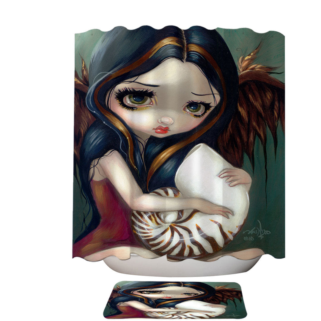 Sad Eyed Beautiful Girl Angel and Nautilus Shell Shower Curtain