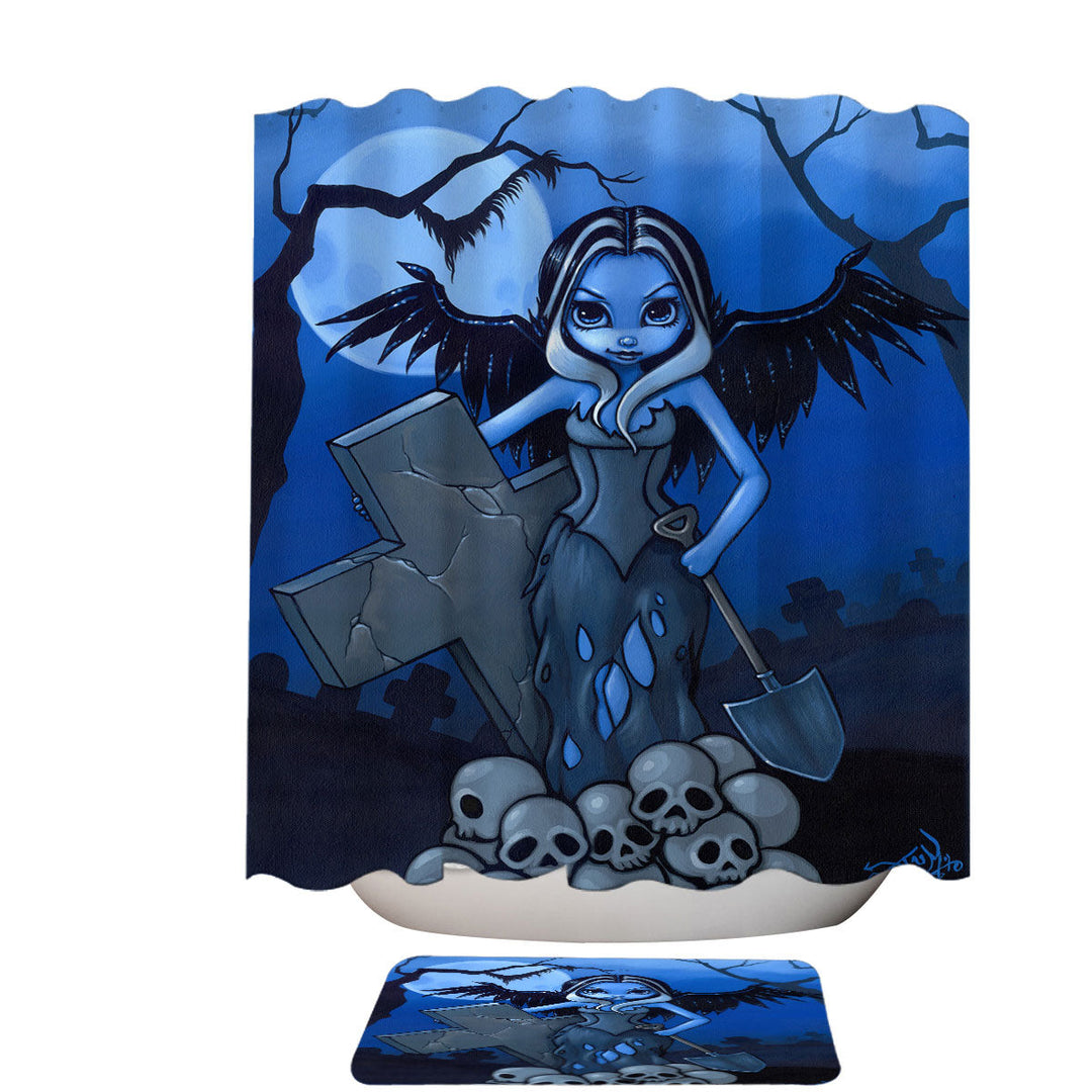 Scary Shower Curtains Art Gothic Angel and Skulls the Gravedigger