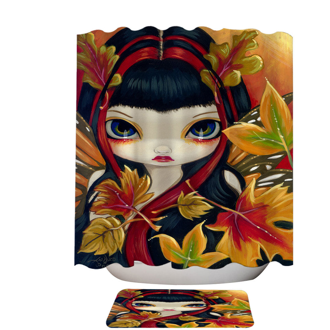 Shower Curtains with Autumn Leaves Big Eyed Winged Girl