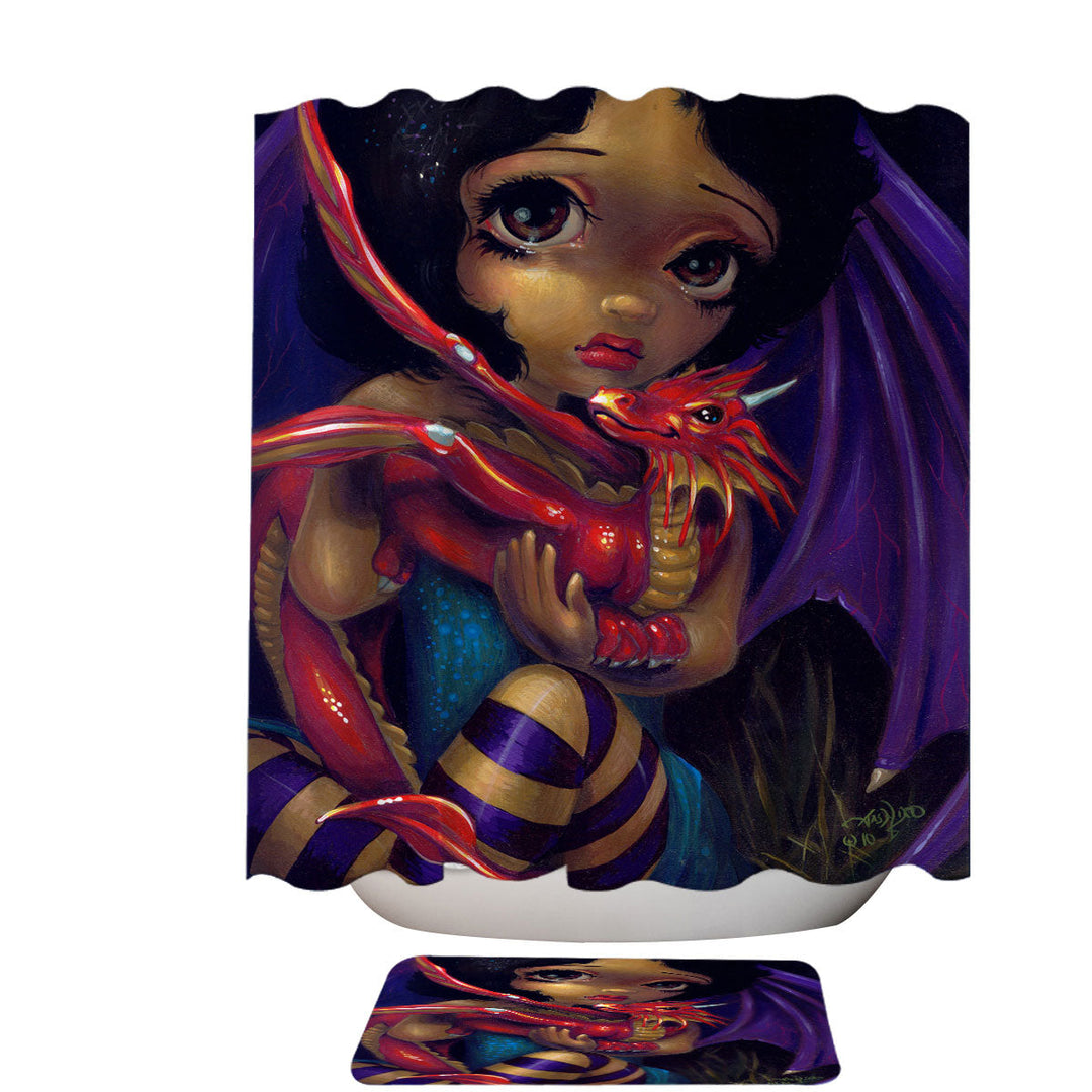 Shower Curtains with Darling Dragonling Fairy and Red Baby Dragon