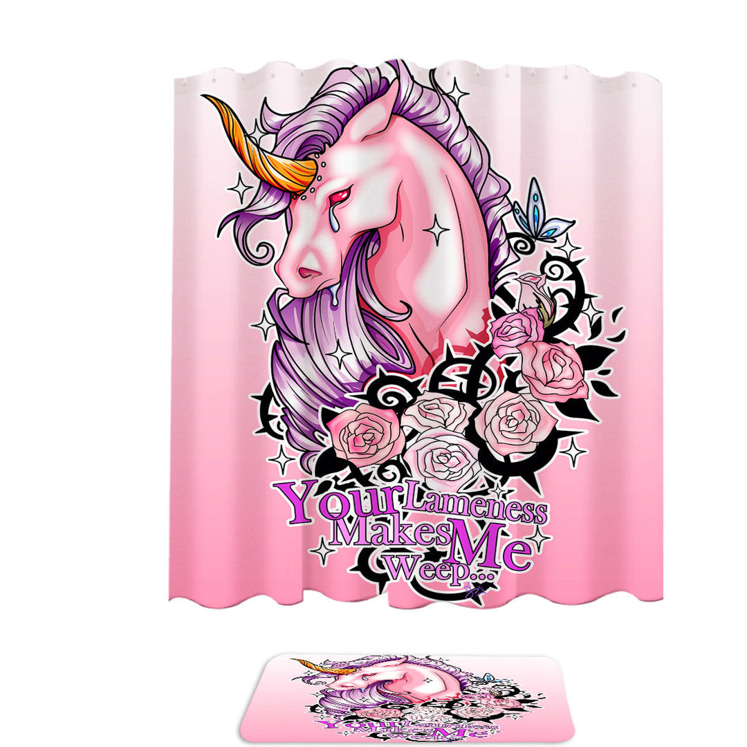 Shower Curtains with Pink Roses and Unicorn Rudicorn Cool Quote