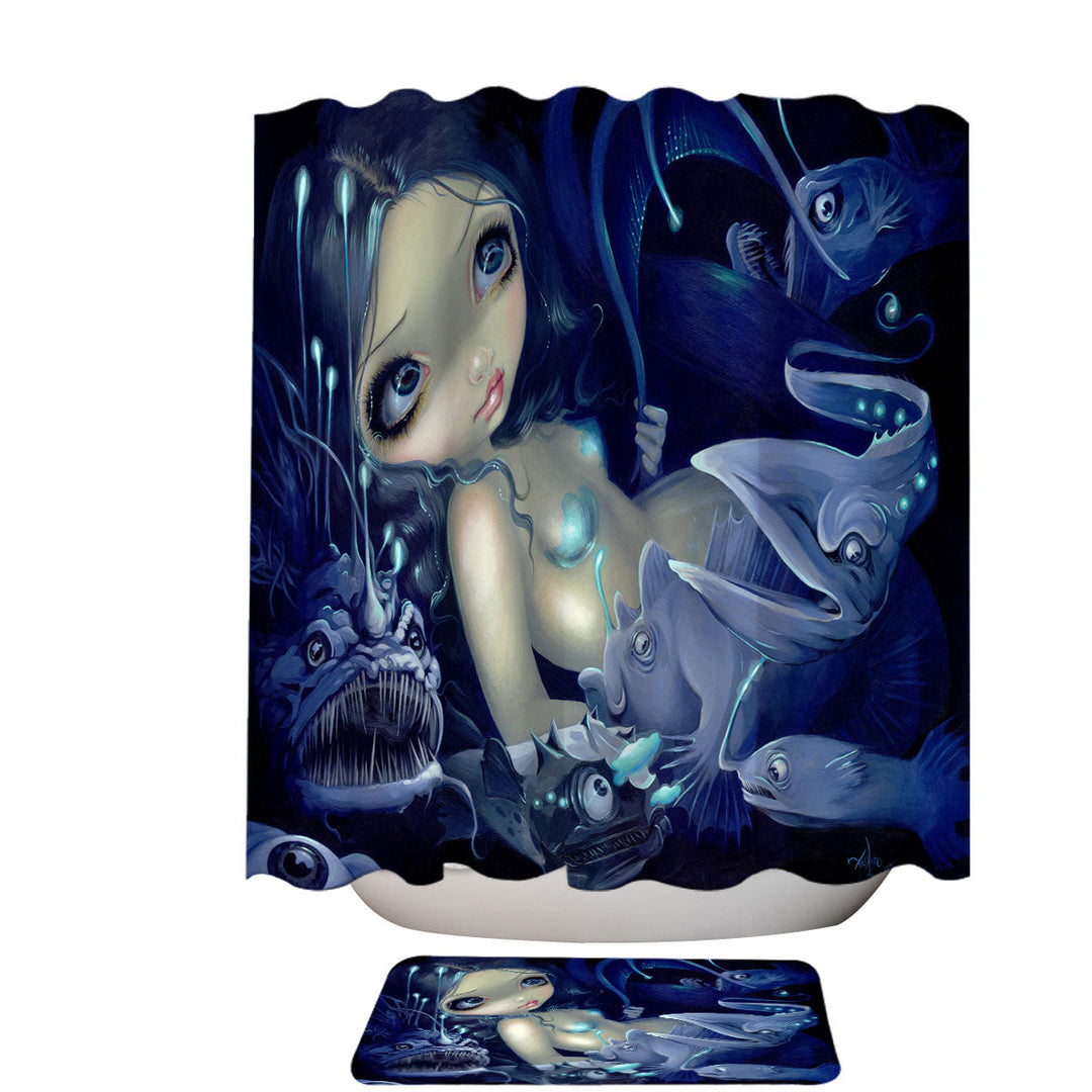 Shower Curtains with Scary Underwater Art Fish and Mermaid