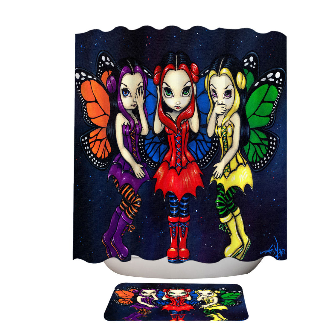 Shower Curtains with Three Wise Faeries No See Hear and Speak