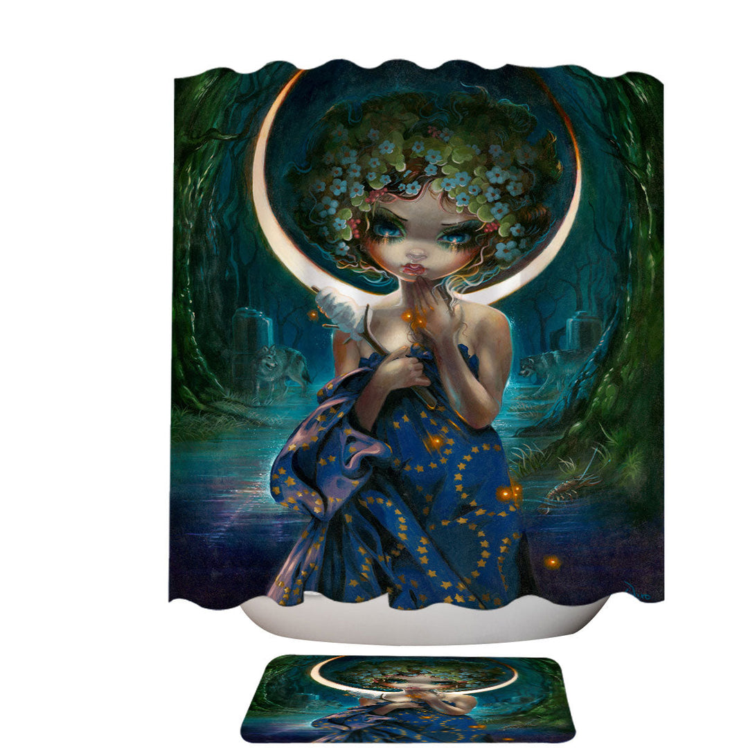 The Moon Goddess Shower Curtain Forest Wolves and Beautiful Maiden