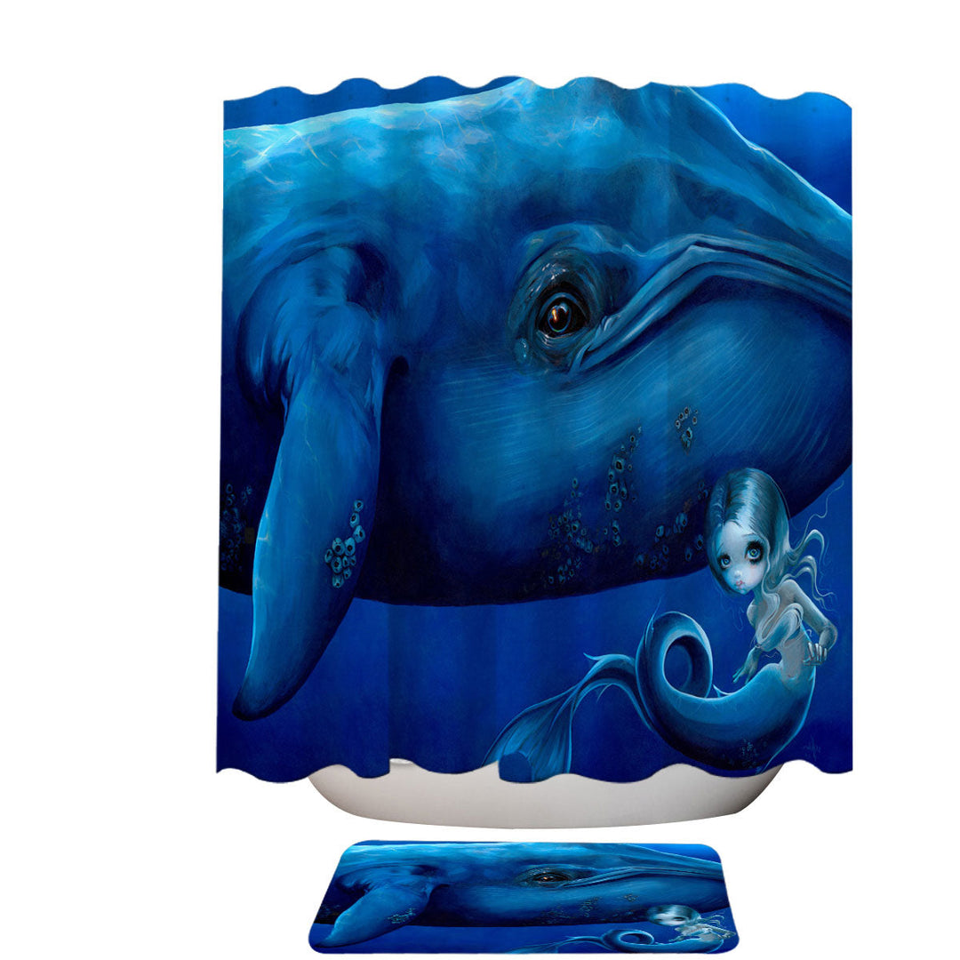 Underwater Art Big Blue Whale and Mermaid Shower Curtains