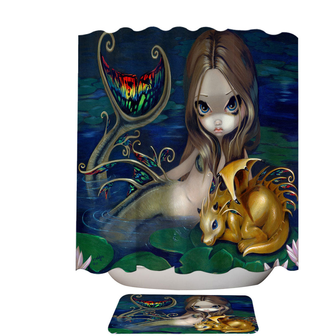 Unique Shower Curtains Fantasy Art Beautiful Mermaid with a Golden Dragon