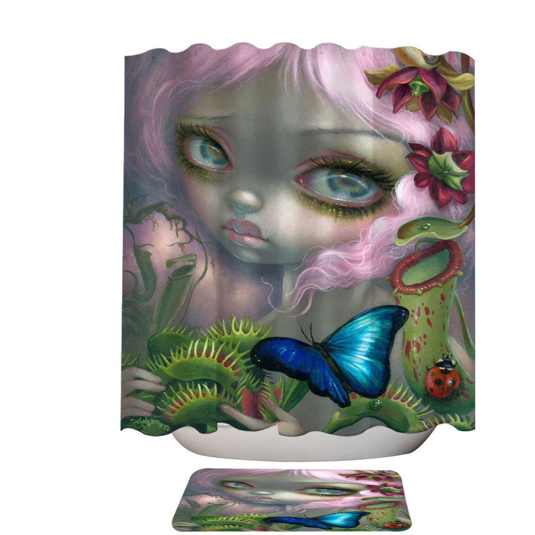 Unique Shower Curtains Insectarium Beautiful Pink Haired Girl and Plants