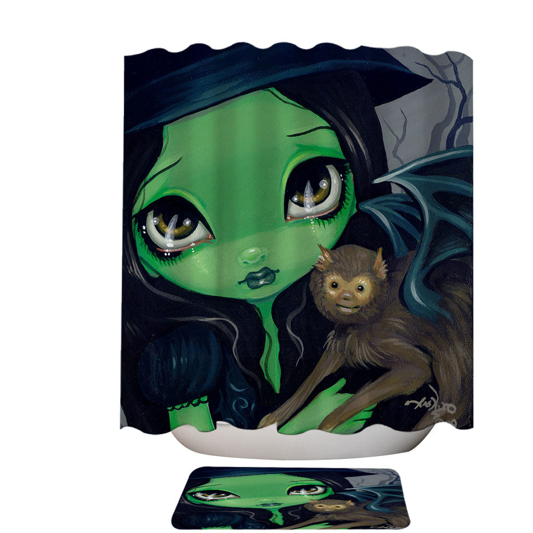 Witch Shower Curtain Faces of Faery _36 Green Witch and Winged Monkey