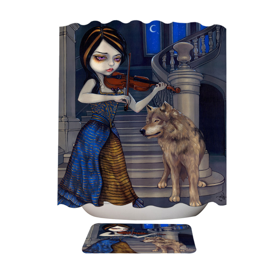 Wolf Song Gothic Beautiful Girl Playing a Violin Shower Curtain