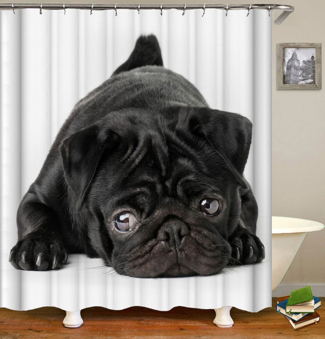 Adorable Sad Black Pug Dog Puppy Shower Curtain