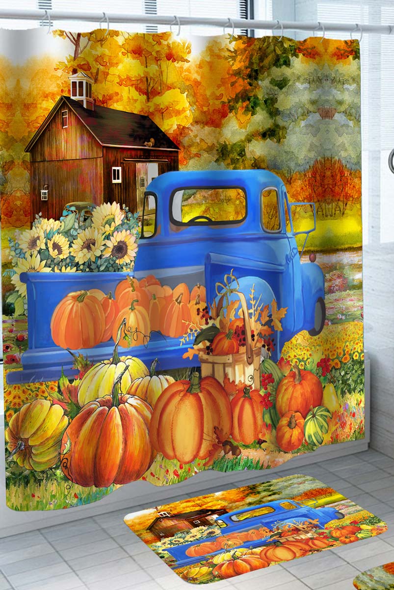 Autumn Farm Pumpkin Sunflowers and Farmhouse Shower Curtain