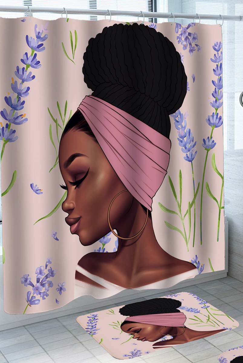 Beautiful Black Girl Shower Curtain and Lavender Flowers