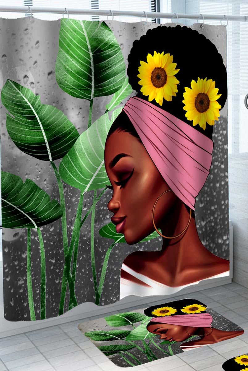 Beautiful Black Girl with Sunflowers and Leaves Shower Curtain – Shower ...