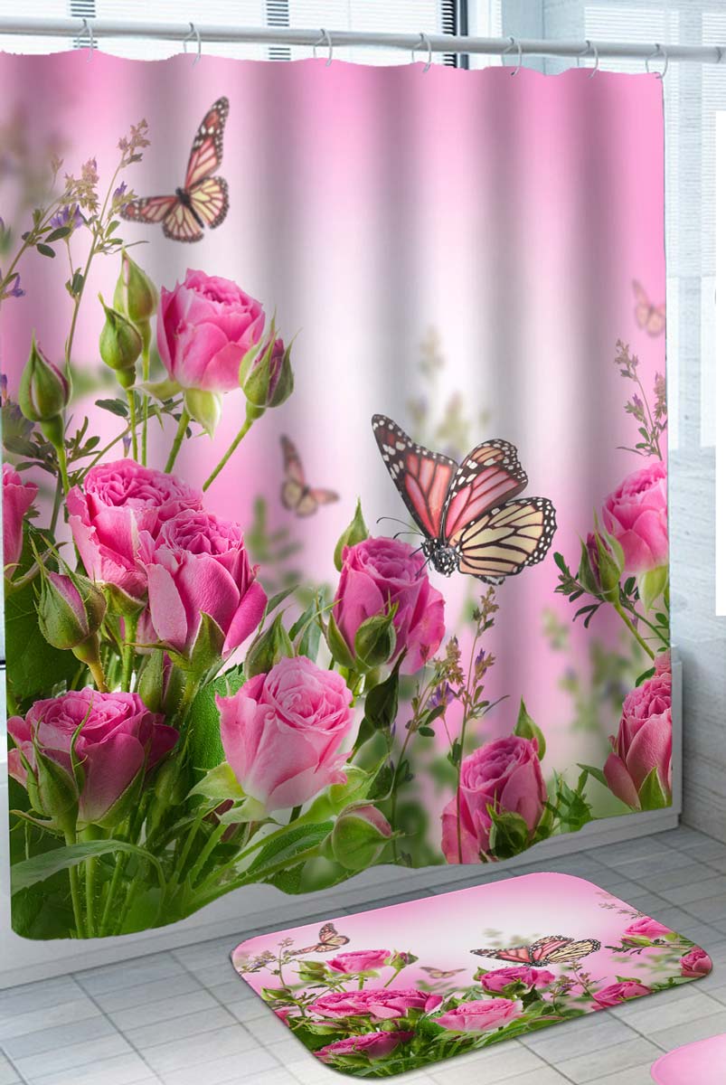 Beautiful Shower Curtains Pink Roses and Pinkish Butterflies