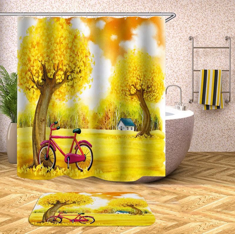 Bicycle Shower Curtain Yellow Autumn Farmhouse and Red Bicycle