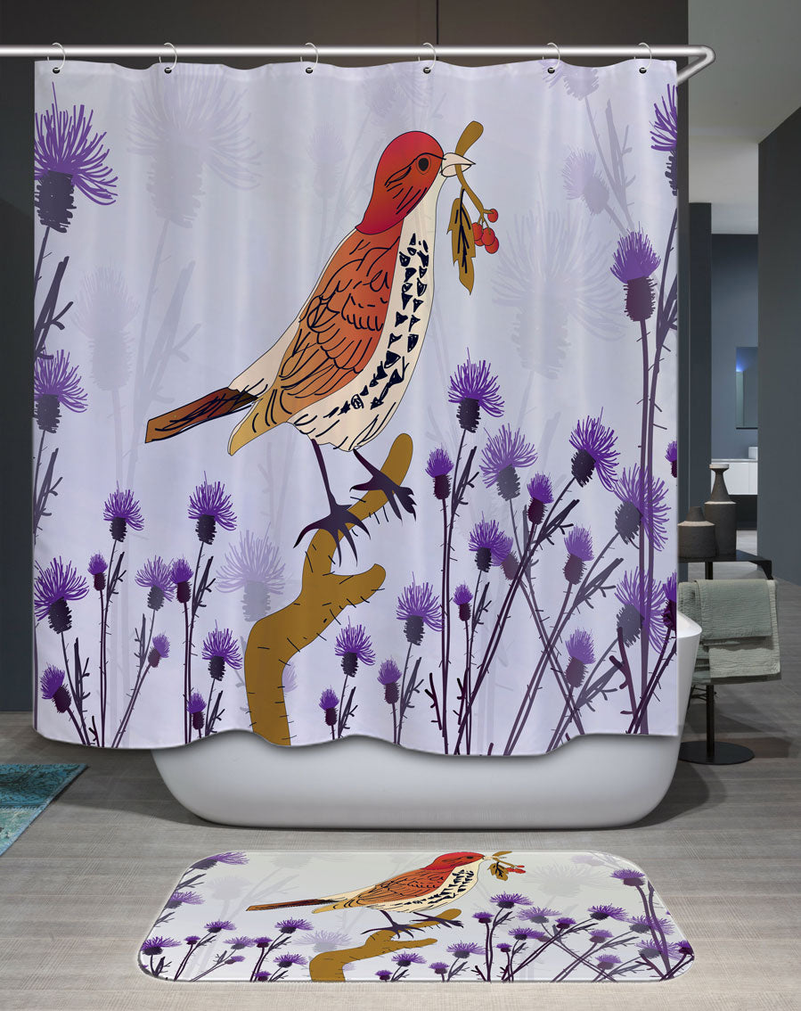 Bird Shower Curtain Purple Flowers and Bird Eating Berries