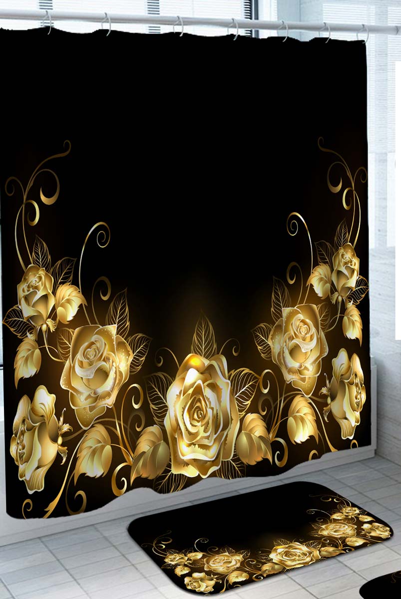 Black Background with Gold Roses Shower Curtains