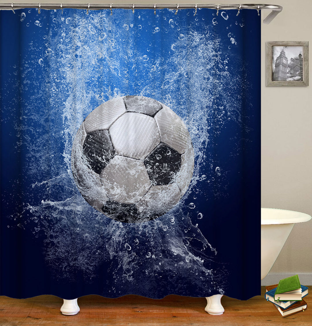 Boys Shower Curtains with Water Splashing Football Soccer Ball