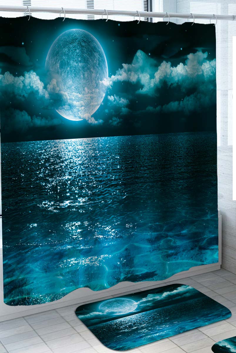 Bright Full Moon Above the Ocean Shower Curtain