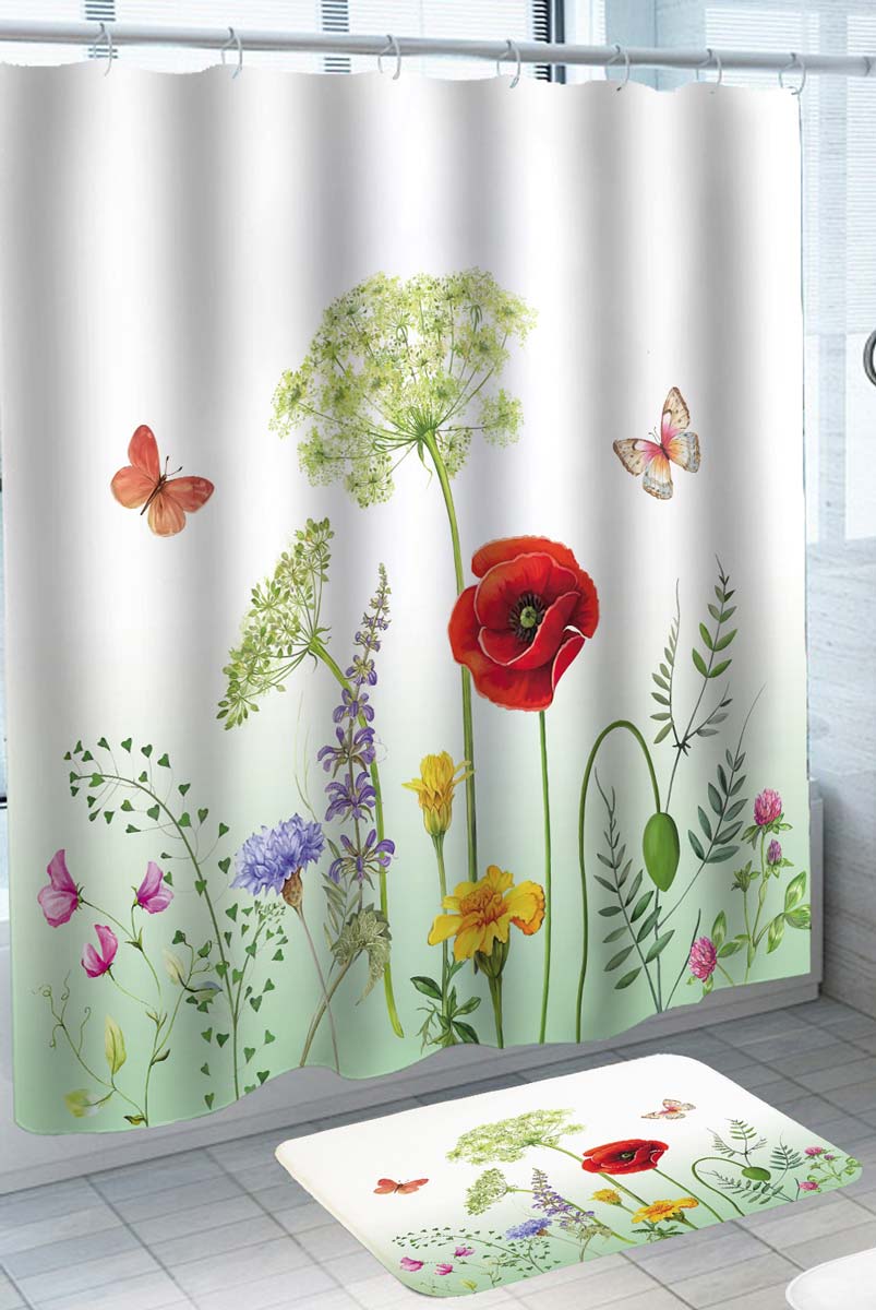 Butterflies and Simple Flowers Shower Curtain