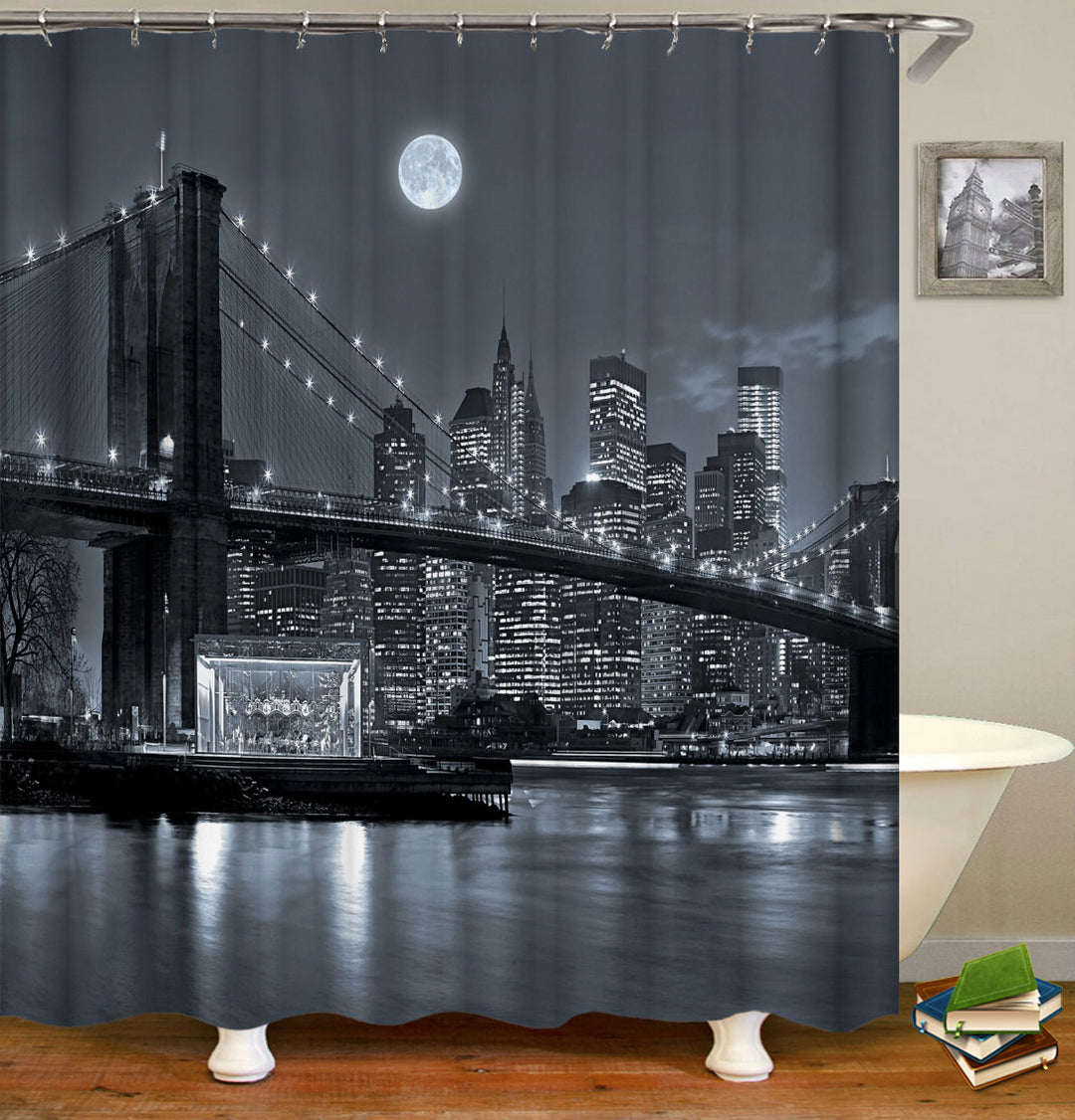 City Shower Curtain Brooklyn Bridge Moonlight New York City View