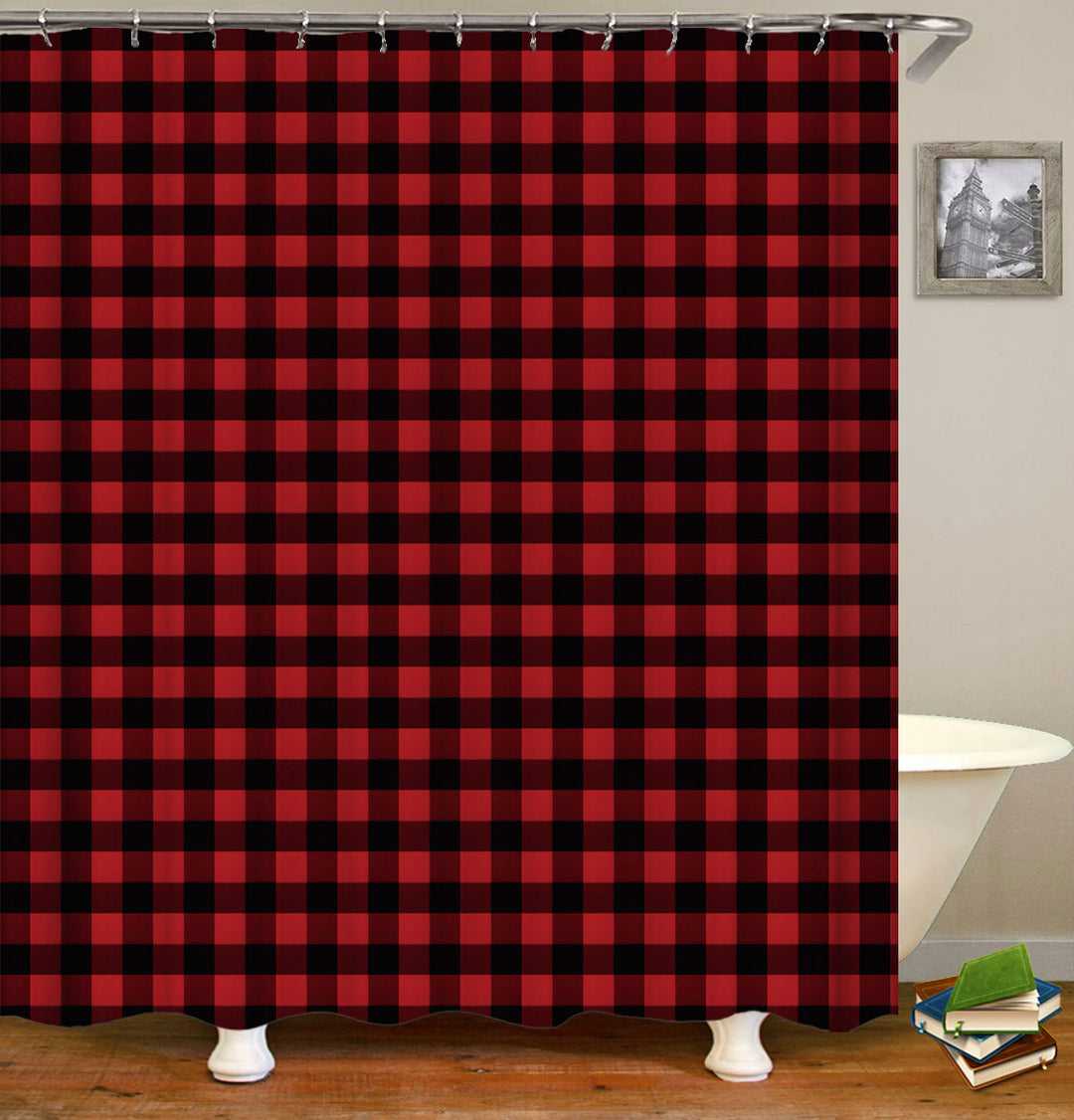 Classic Red and Black Striped Gingham Shower Curtain