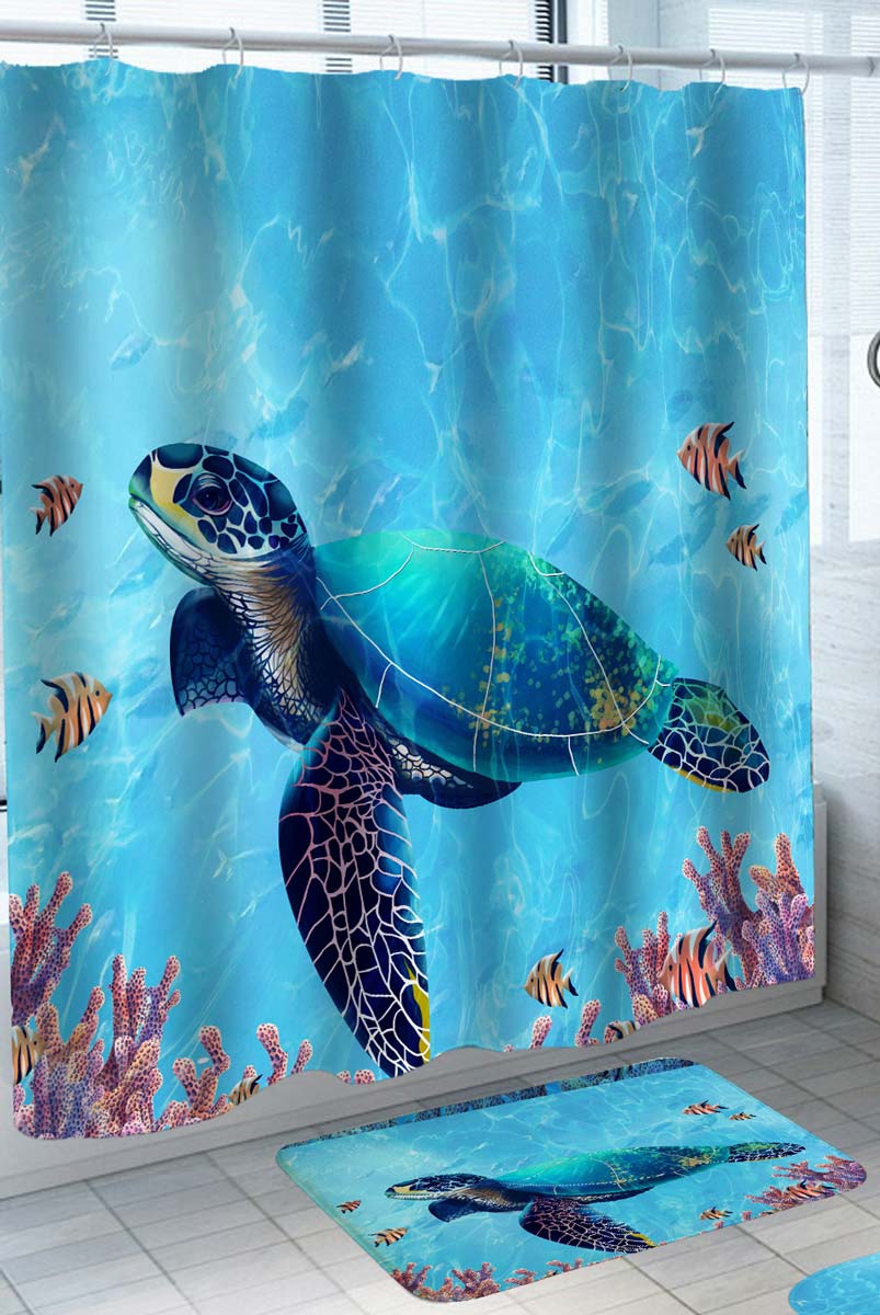 Sea Turtle Theme Shower Curtain Set Wooden Board Coral Water