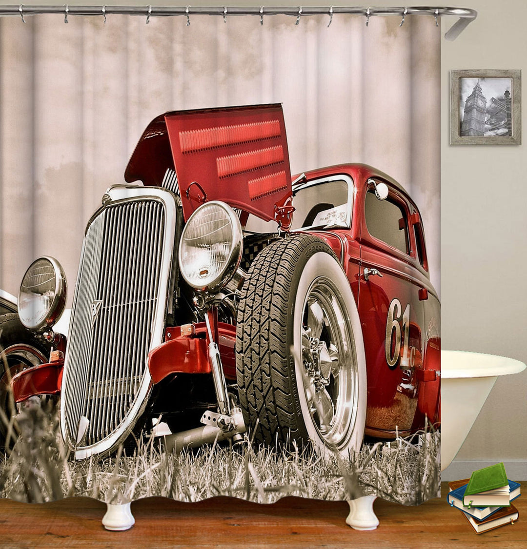 Cool Mens Shower Curtains Antique Red Car