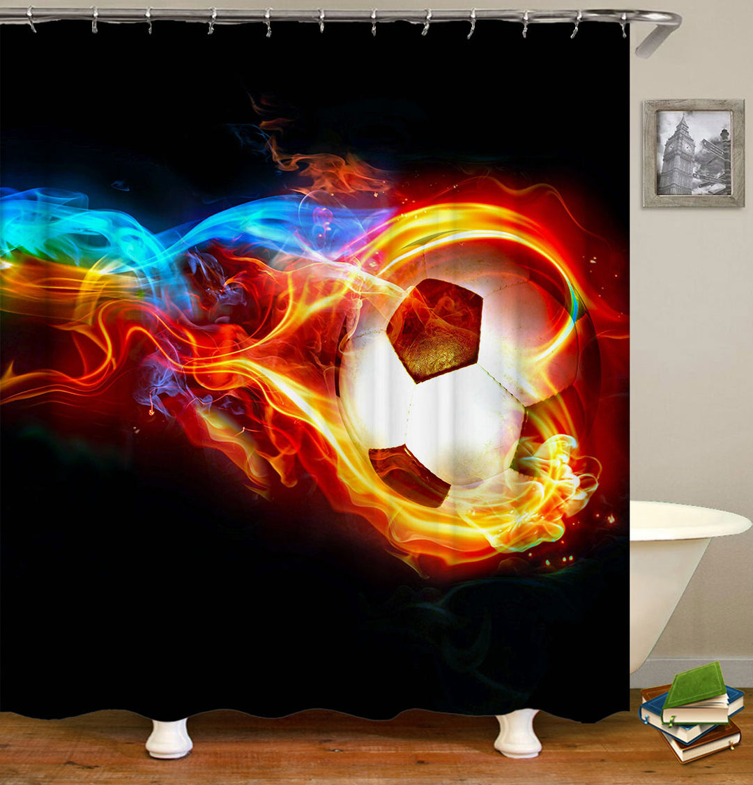 Cool Shower Curtains for Boys Football Soccer Ball on Blue Red Flames