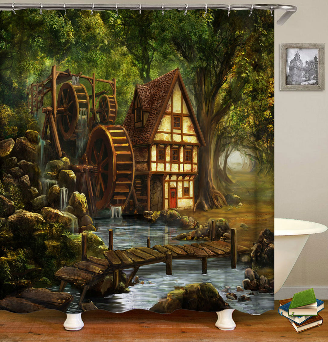 Country Shower Curtains with Old Wood Water Wheel Village House