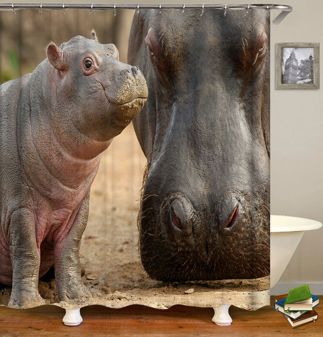 Cute Animals Baby and Momma Hippo Shower Curtain