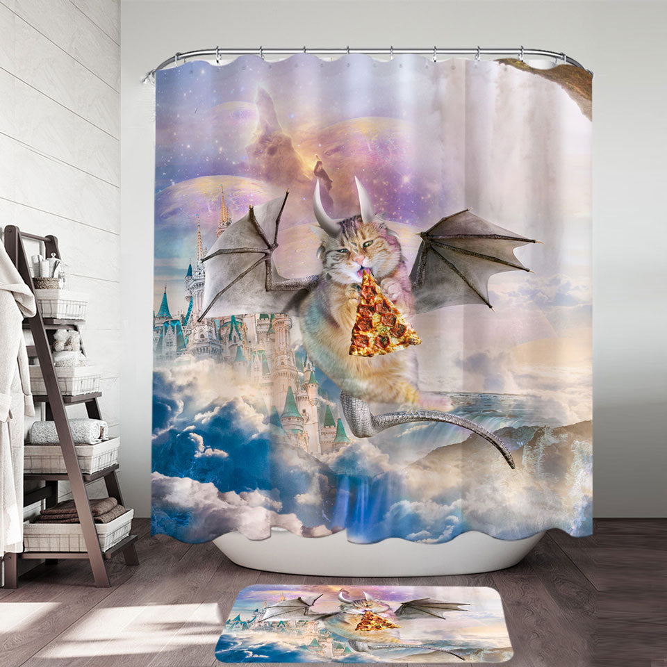 Cute Fantasy Art Galaxy Dragon Cat Eating Pizza in Space Shower Curtain ...