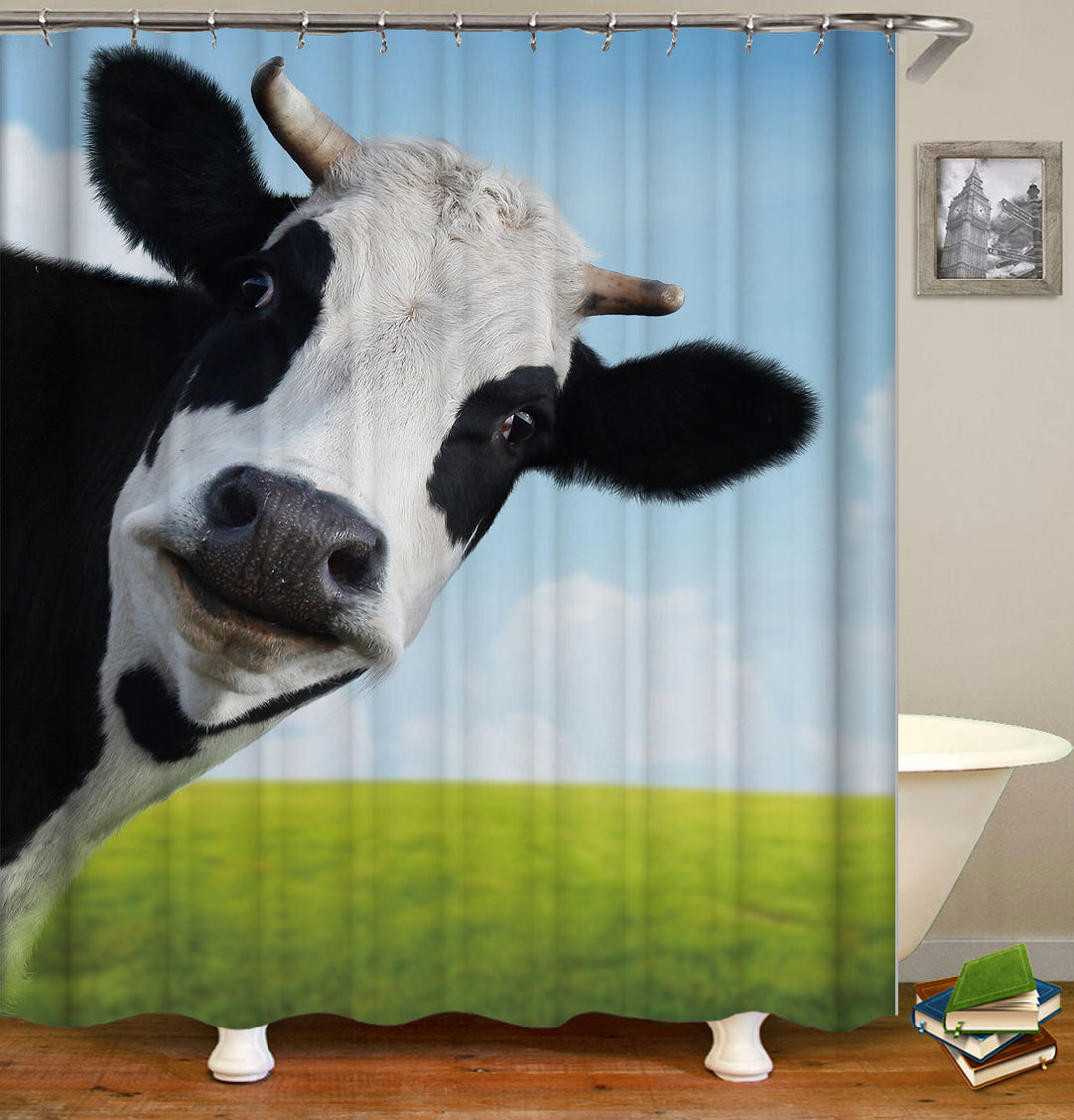 Cute Farm Animals Shower Curtain with Funny Cow