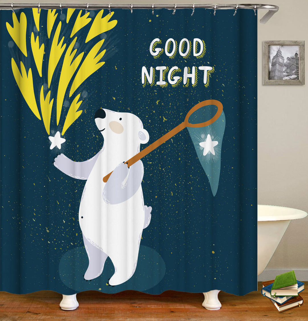 Cute Shower Curtains Good Night White Bear for Kids