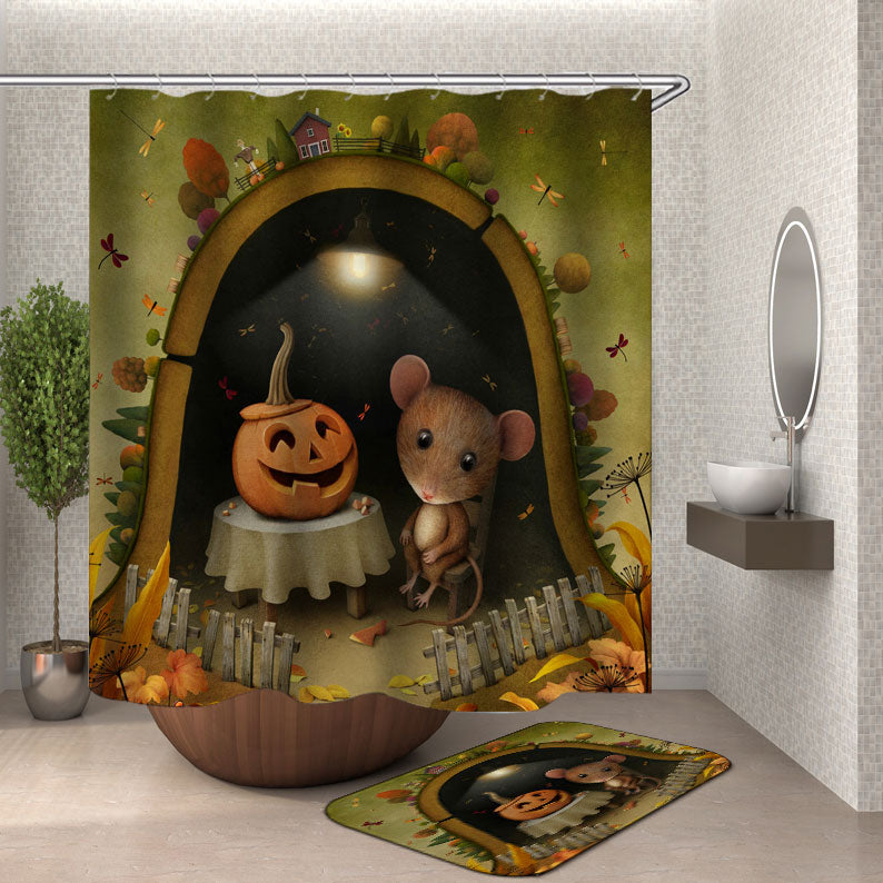 Cute Shower Curtains Mouse with Halloween Pumpkin