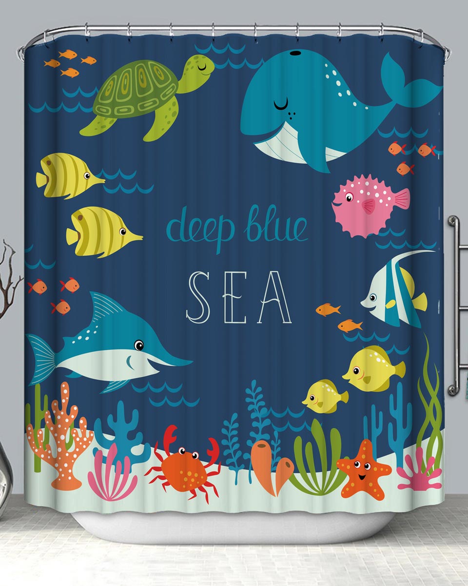 Deep Blue Sea Cute Fish and Marine Life Shower Curtain – Shower of Curtains