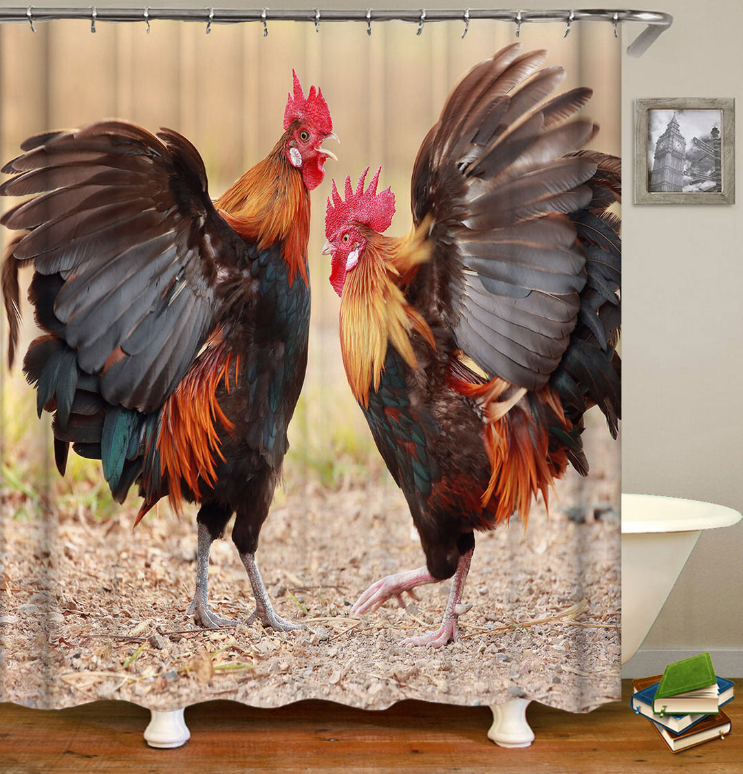 Farm Animals Fighting Roosters Shower Curtain