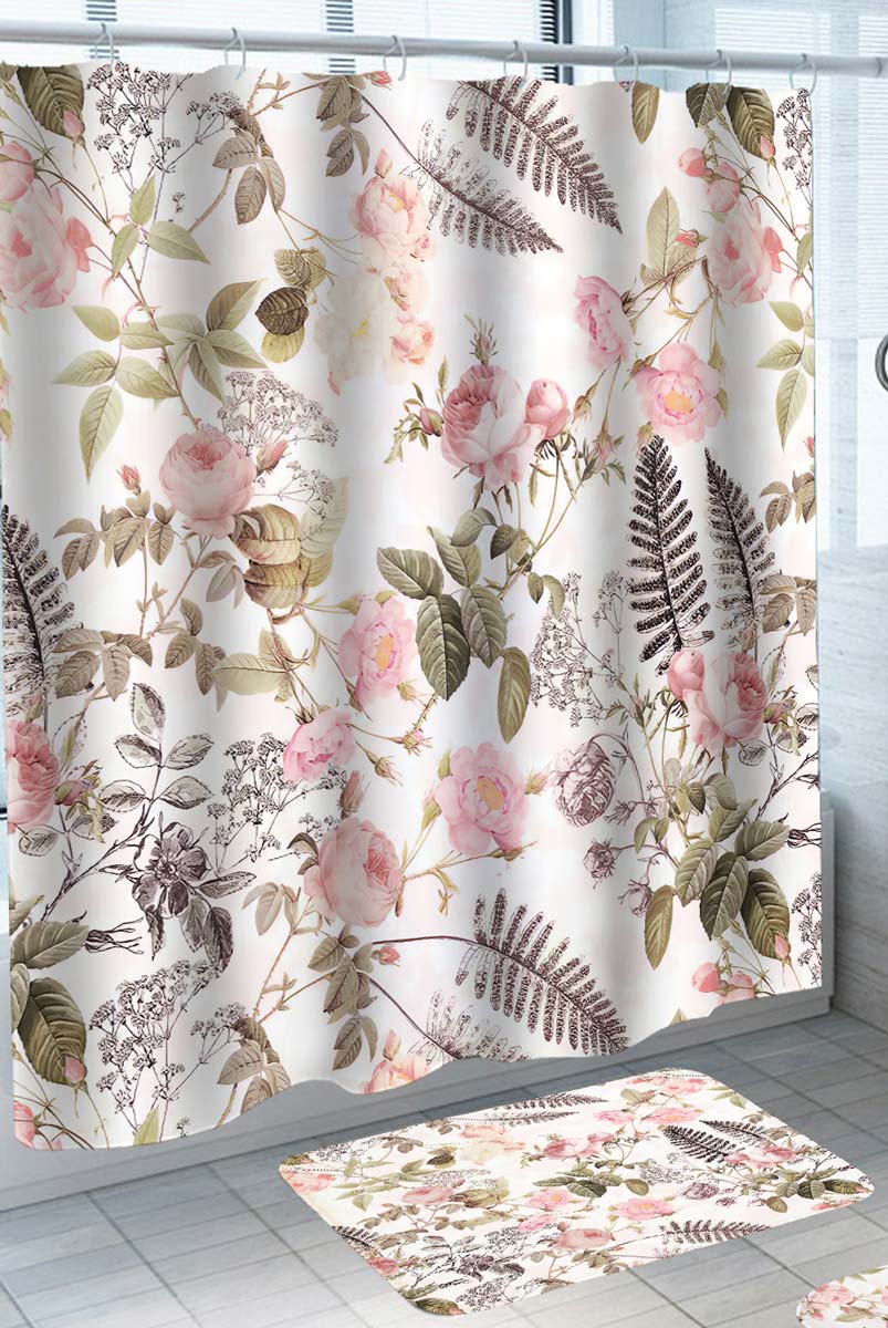 Fern and Pink Roses Shower Curtains