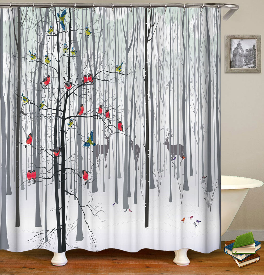 Forest Shower Curtain Wintery Snowy Forest with Deer and Birds