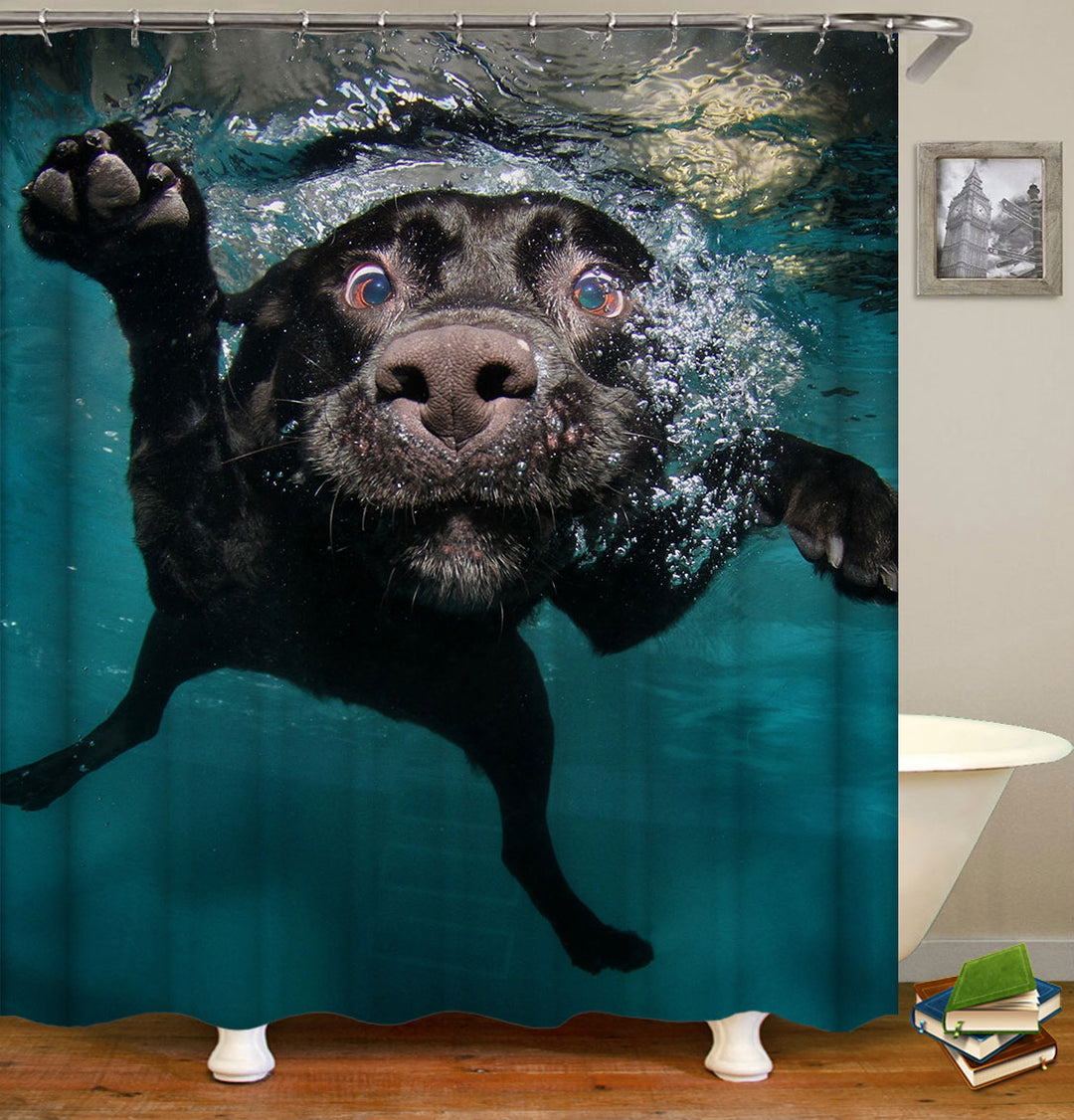Funny Animals Shower Curtains Swimming Black Dog