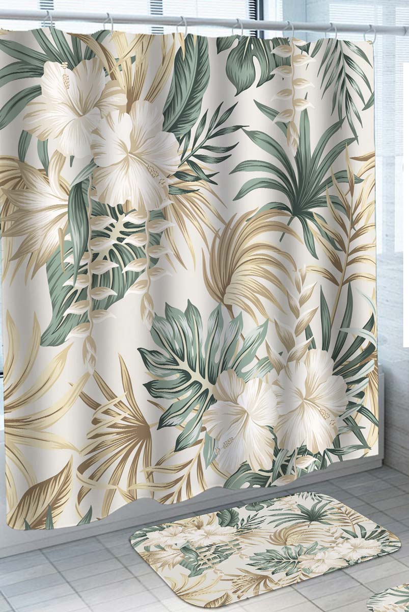 Golden Green Tropical Flowers and Leaves Shower Curtain