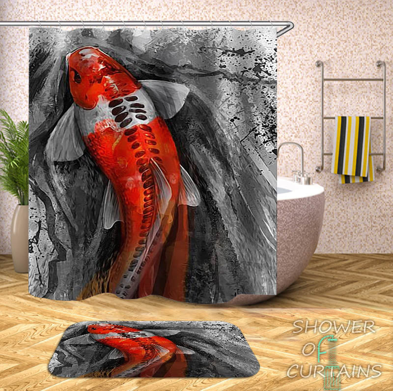 Set of 12 Hooks Koi Fish in The Pond Crystal Glass Shower Curtain